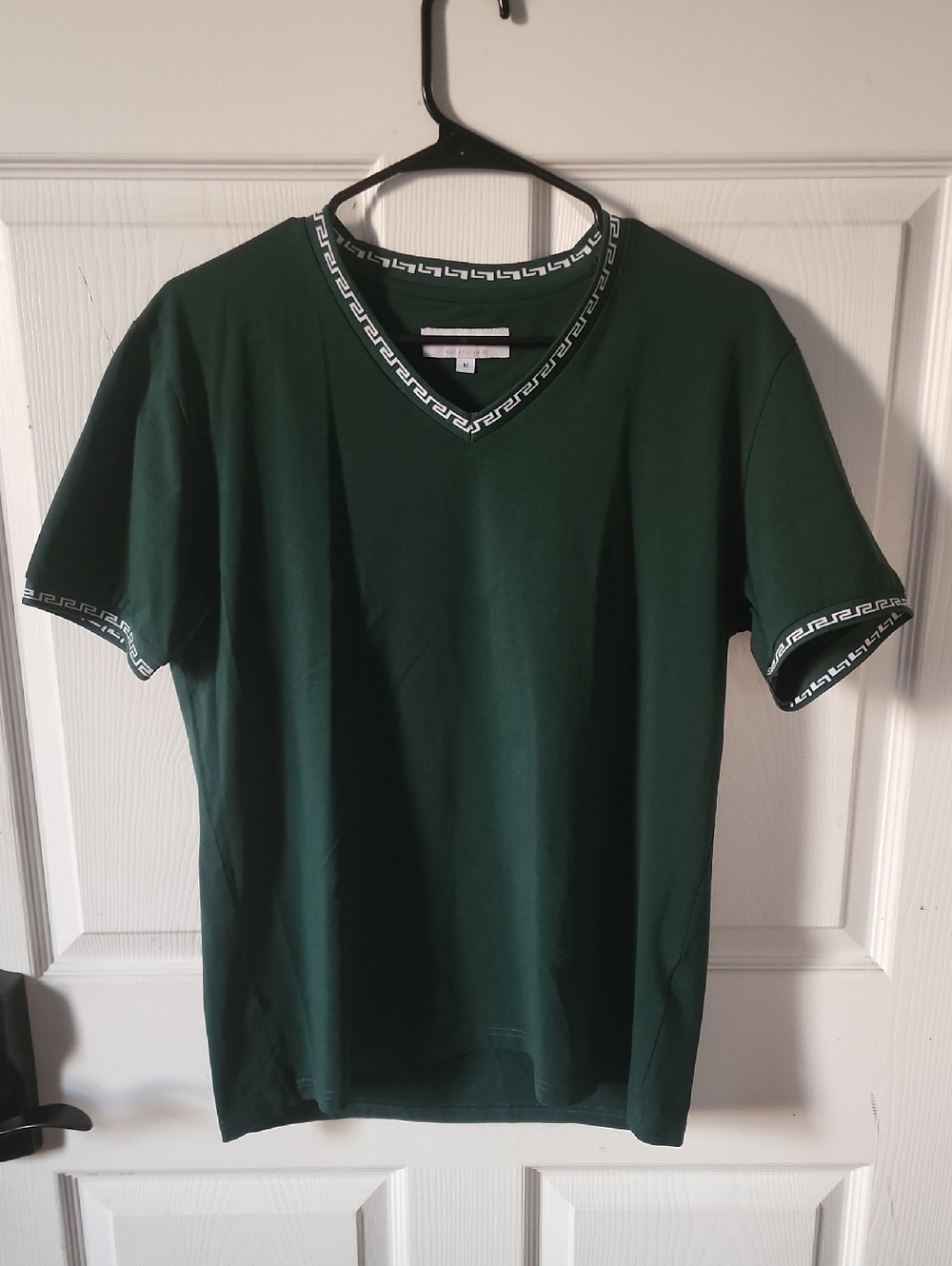 Men's Dark Green V-Neck Short Sleeve Shirt with Trim Detail